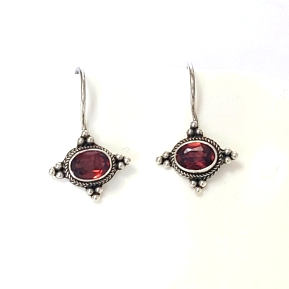 Vintage Boho Western Sterling Silver Red Garnet Crystal Drop Dangle Earrings